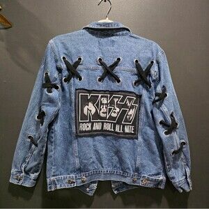 KISS Band Woman Distressed Laces Grommet Stitched Jean Jacket  Sz S